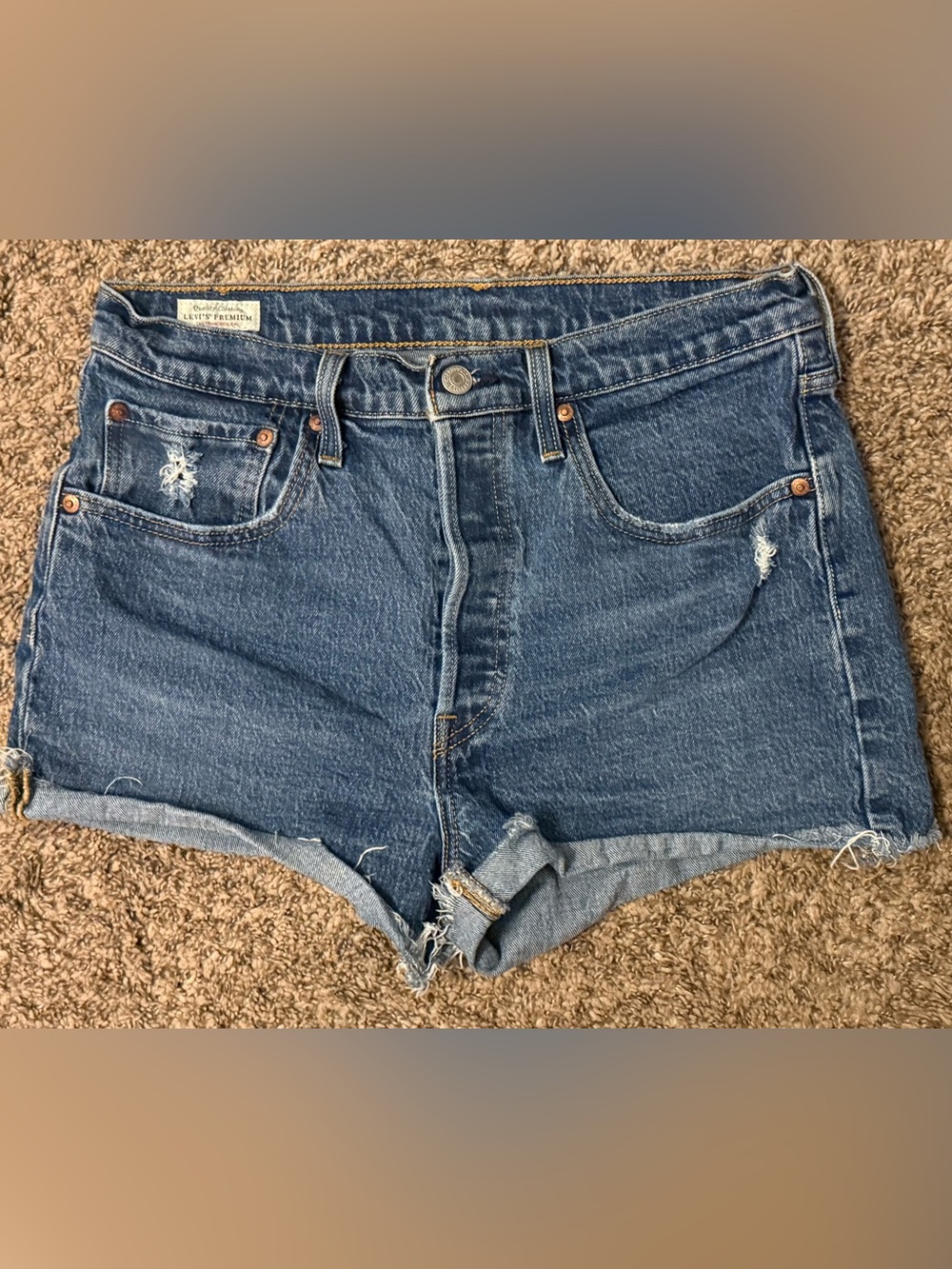 Levi's Premium 501 Women's Dark Blue Distressed Denim Cutoff Shorts